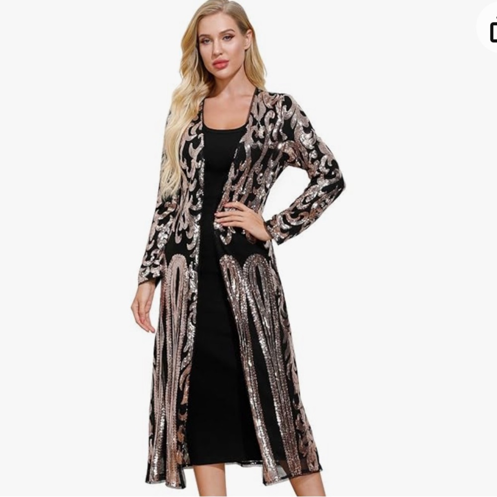 Rose gold sequin long sleeve duster.